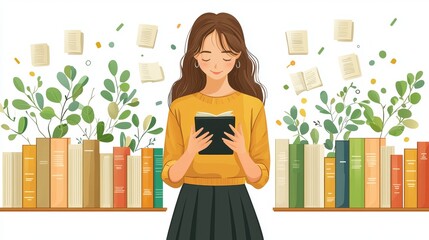 Poster - A conceptual online library image featuring a woman paper figurine engrossed in reading beside a digital smartphone screen, designed in a flat modern style with a white background and no logo