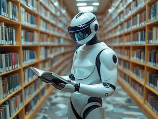 Poster - In a smart home library, an AI-enabled robot librarian sorts and recommends books