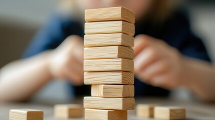 Poster - Child building a tower with wooden blocks, showcasing precision and growth.