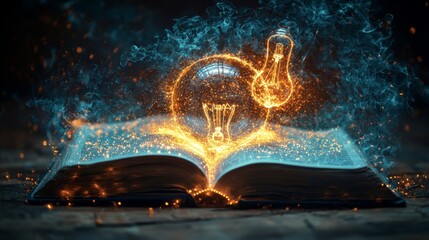 Poster - An opened book juxtaposed with a light bulb symbolizing ideas, innovation, and learning in education, writing, or knowledge discovery