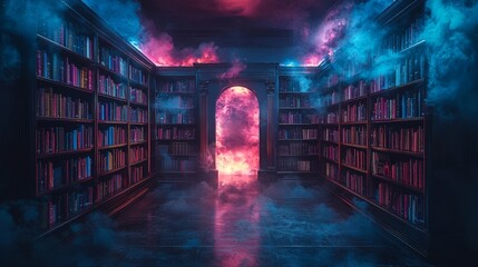 Poster - A modern library with shimmering shelves filled with multicolored books, crafting a lively and immersive space