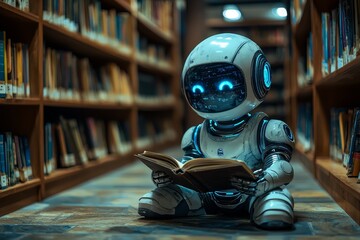 Poster - A robot with shimmering blue eyes engrossed in a book within a library setting
