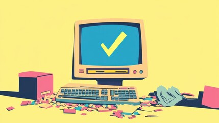Poster - Vintage Computer with Check Mark Surrounded by Colorful Debris