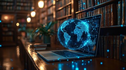 Poster - A globe sits atop an open book next to a laptop in a library, embodying knowledge and exploration