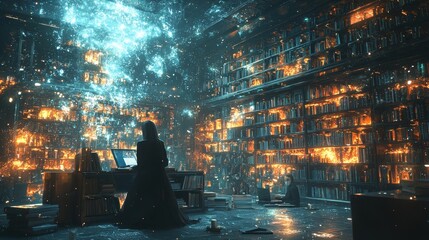 Poster - A futuristic library where individuals are engrossed in digital devices
