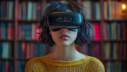 Poster - In front of a book-lined wall, a woman is standing, wearing a VR headset