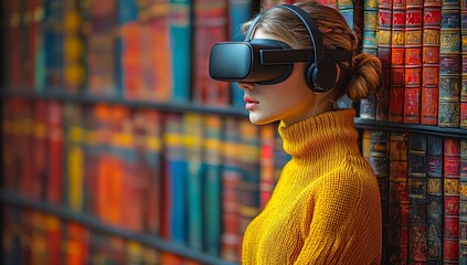 Poster - A woman wearing a VR headset stands in front of a wall of books