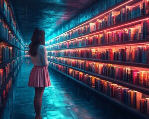 Poster - A person occupies a library aisle teeming with life, next to colorful bookshelves that glow under striking neon lights