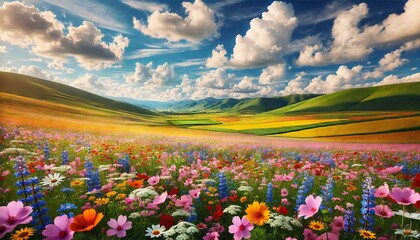 Wall Mural - a vibrant field of wildflowers in full bloom, with rolling green hills in the distance and a clear b