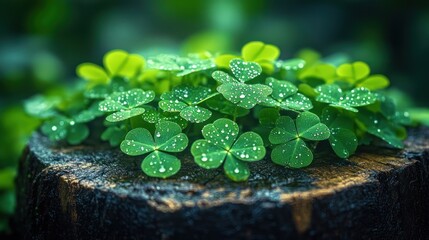 Dewy clover leaves on a tree stump.