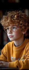 Poster - A cozy library, lined with rows of books, provides a setting for a young boy with curly hair and glasses to intensely focus on his laptop