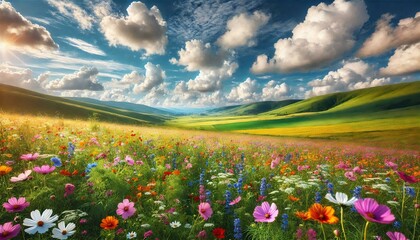 Wall Mural - a vibrant field of wildflowers in full bloom, with rolling green hills in the distance and a clear b