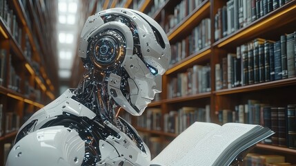Poster - A robotic skull head emerges from an open book nestled among bookshelves in a library