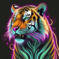  Portrait of a Tiger in neon colour in front of a black background.