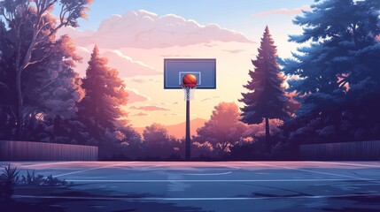 Wall Mural - Sunset basketball court scene.
