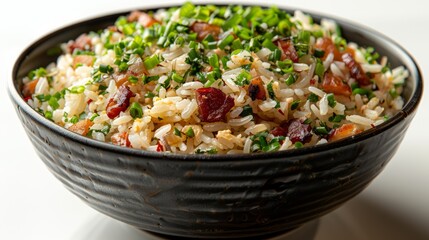 Wall Mural - Delicious fried rice with bacon bits and chopped chives in a dark bowl.