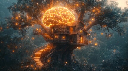 Poster - Shiny Brain-Shaped Treehouse for Engaging Learning and Thrilling Exploration