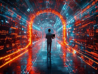 Poster - Futuristic Library Showcase Glowing Virtual Bookshelves and Multimedia Tablets to Symbolize Libraries' Reform Through Educational Technology Innovations