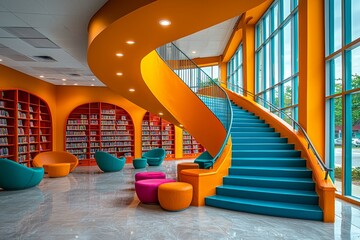 Poster - Architectural Photography of a Modern Library Highlighting Colorful Book Science and Education Themes, Illustrating Innovative Design and Learning Arenas for Students and Researchers