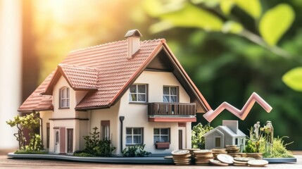 Poster - Miniature house model with coins and rising graph in sunlight