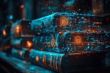 Poster - Discover how a stack of open books symbolizes the convergence of knowledge, technology, and learning in today's digital age