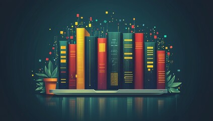 Poster - The fusion of education, knowledge, and technology in a modern learning setting is illustrated through technology-based learning and digital literacy training resources, including colorful books and
