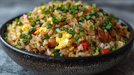 Wall Mural - Delicious fried rice with egg, vegetables, and herbs in a bowl.