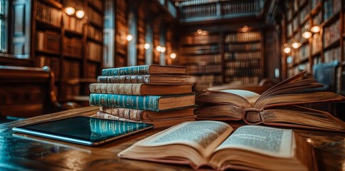 Poster - Capturing a serene night scene with a stack of books and a digital tablet on a library table, and bookshelves bathed in sunlight, perfect for academic and literary themes