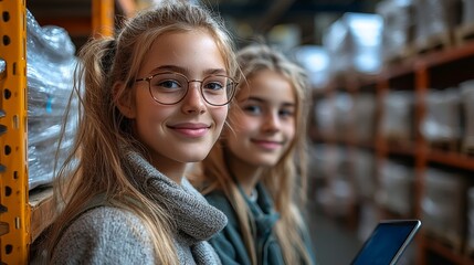Poster - In a warehouse filled with shelves, a focused girl in glasses is using a tablet, while another child looks on