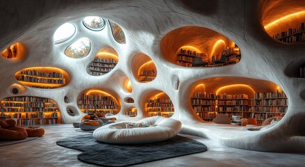 Poster - The library, designed for the future, features sleek, illuminated shelves, a minimalist style, and a peaceful setting