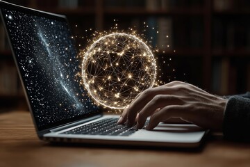 Poster - In a modern library, hands type on a laptop with a digital interface hologram overlay