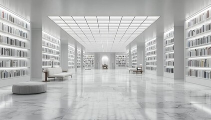 Poster - A minimalist modern library interior with spacious white shelves brimming with books, illuminated by natural light