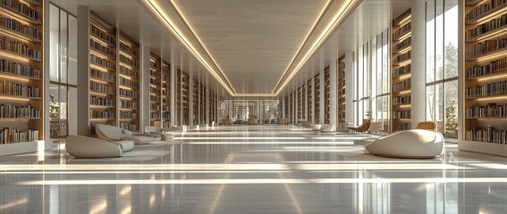 Poster - A modern library interior features illuminated shelves displaying a wide array of books and a reflective floor, which fosters a tranquil reading ambiance
