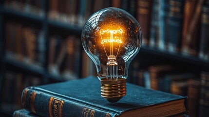 Poster - A light bulb situated above books in a modern library signifies the blend of knowledge and digital innovation, highlighting the library as a space for new ideas