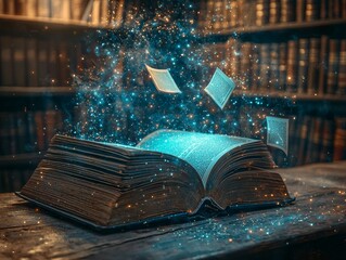 Poster - Themed Virtual Library Workspace with Books Floating in Mid-Air and Illuminated Knowledge Scrolls