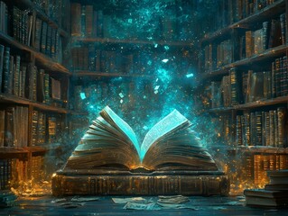 Poster - Virtual Library Themed Workspace with Hovering Books and Radiant Knowledge Scrolls