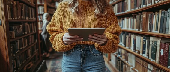 Poster - A student engrossed in learning uses a tablet while being surrounded by bookshelves, enjoying a warm atmosphere that enhances their study experience