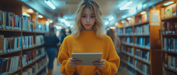 Poster - The warm atmosphere of the library enhances the study experience for a student using a tablet amid bookshelves, fully engaged in their studies