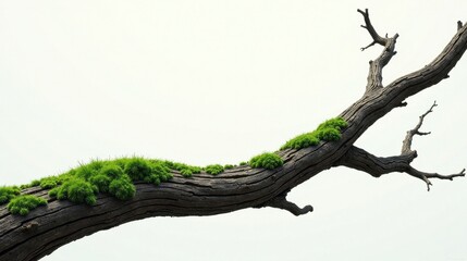 A weathered, gnarled tree branch draped with vibrant green moss against a bright, simple backdrop