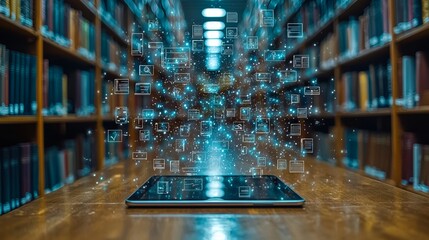 Poster - A futuristic educational concept with a tablet showing floating digital books and icons on a wooden table, amidst glowing bookshelves in a dark wooden setting