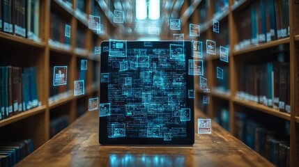 Poster - A futuristic educational vision features a tablet displaying floating digital books and icons on a wooden table, flanked by radiant bookshelves in a dark wooden backdrop