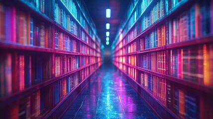 Poster - A vibrant neon-lit, colorful, and blurred bookshelf generating a modern and artistic ambiance