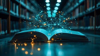 Poster - Open Book Featuring an Abstract Network with Distant, Blurred Bookshelves