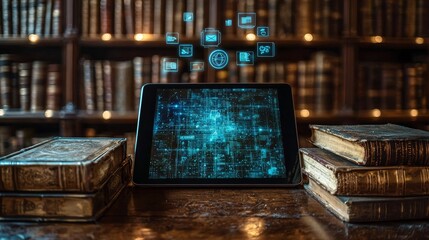 Poster - A rustic wooden table holds a tablet showing education-related icons, amidst floating books and glowing library shelves, inside a dimly lit wooden space, representing the idea of technology and