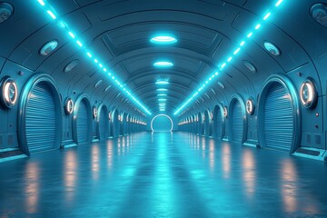 Poster - A futuristic library interior with illuminated shelves and a reflective floor, showcasing rows of books in a modern architecture setting with a minimalist design aesthetic