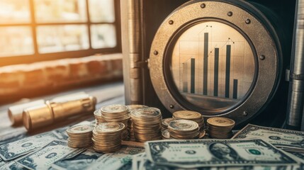 Poster - Money and Finance Concept with Coins, Cash, and Bar Chart