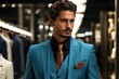 © demzp - Stylish man poses confidently in a modern suit showroom during evening hours