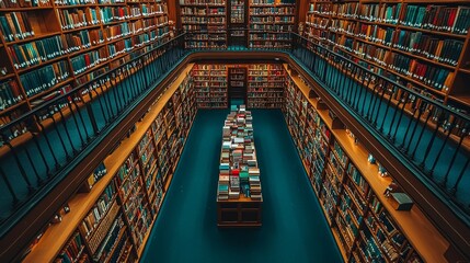 Poster - Virtual reality and accessibility, an aerial view of a vast library filled with bookshelves, showcasing rows of colorful books in a modern architectural space