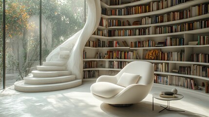 Poster - Explore tranquility in a modern library's abstract design, creating a serene atmosphere with a minimalistic viewpoint - a literary escape