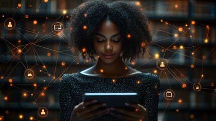 Poster - Engaging with a tablet, a woman delves into knowledge in a modern library atmosphere